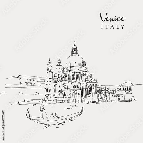 Drawing sketch illustration of Santa Maria della Salute Church in Venice, Italy