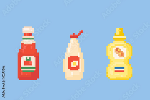 Pixel art sauces icon set. Vector Retro 8 bit Bottle of tomato ketchup, mayonnaise and mustard. Pixel fast food isolated sauce bottles. Pixel art vector icon for game, stickers, web design.