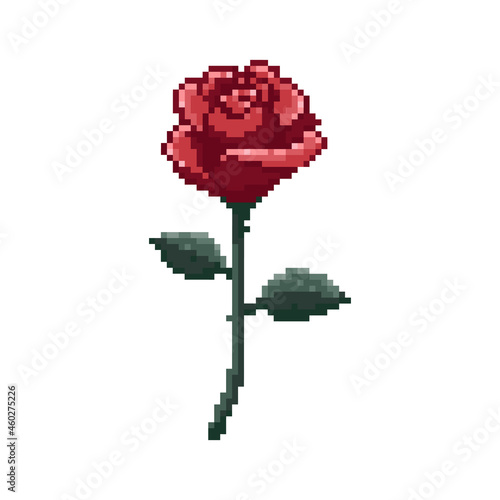 Pixel art vintage rose. 8 bit style retro rose flower vector illustration. Pixelated rose illustration in 8 bit gamer style. Pixel art classic rose flower with leaves. Red bud on a long green stem. 