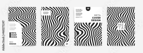 Business presentation covers templates set with black and white abstract wavy lines. A4 vertical. Creative dynamic layouts for poster, catalog, brochure, placard, booklet, report, cover design. Vector