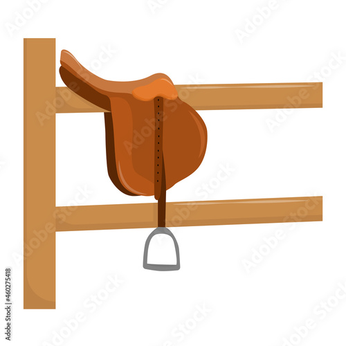 vector illustration of a saddle for horses on a wooden fence. Isolated on a white background