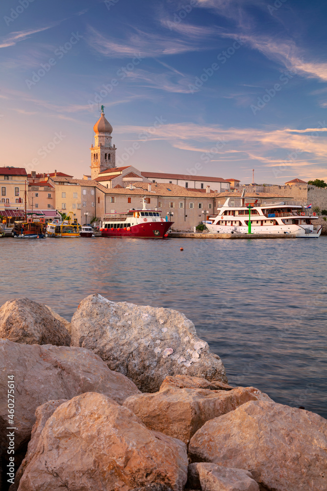Town of Krk, Croatia. Cityscape image of Krk, Croatia located on Krk Island with the Krk Cathedral at summer sunset.