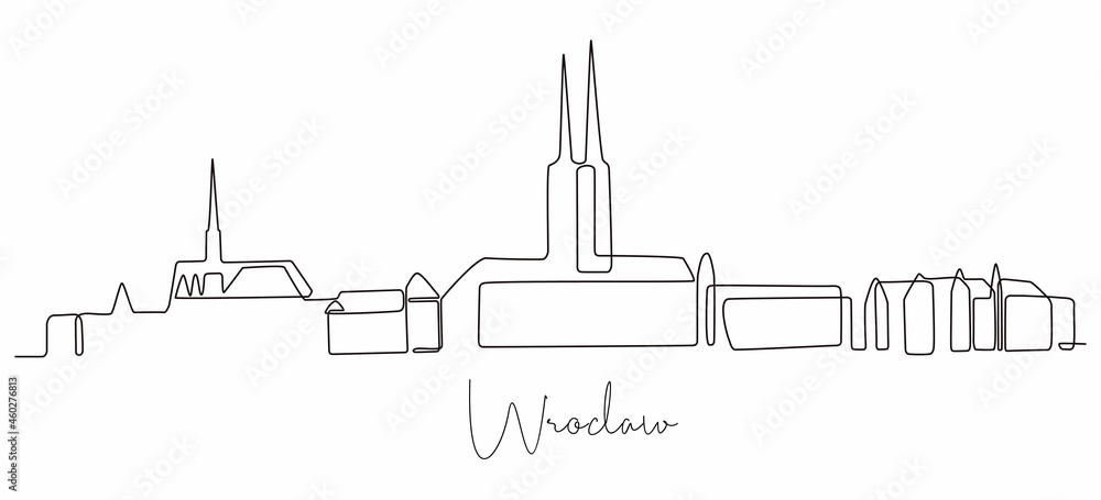 One single line drawing of Wroclaw city Poland skyline. Historical town landscape in the world. Best holiday destination. Editable stroke trendy continuous line draw design vector illustration