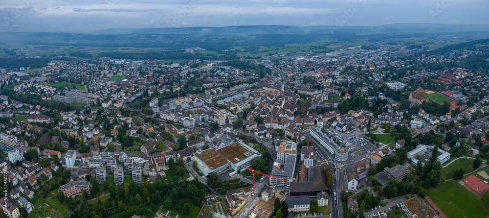 Aerial view around the city Frauenfeld in Switzerland on a overcast day in summer	
