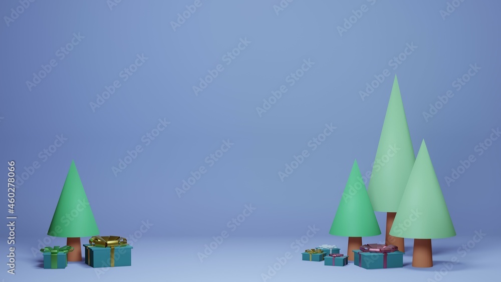 3d render of greeting with christmas trees and gift against light blue background