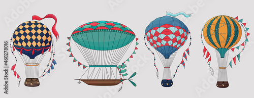 Set of Vintage hot air balloon. Different balloon aerostat collection. Color air balloons isolated. Large bag filled with hot gas and basket.
Flying transport. Hand drawn vintage style flight airship.