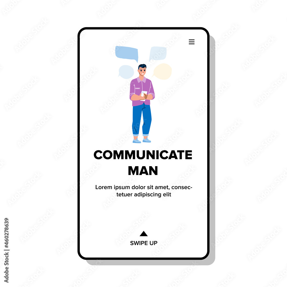 Communicate Man Contact Friend On Phone Vector. Communicate Man Writing And Sending Sms Message Or Chatting On Smartphone. Character Communication Application Web Flat Cartoon Illustration