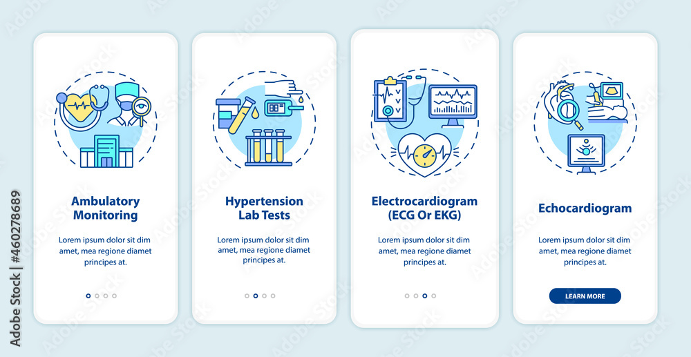 Hypertension tests onboarding mobile app page screen. Ambulatory monitoring walkthrough 4 steps graphic instructions with concepts. UI, UX, GUI vector template with linear color illustrations
