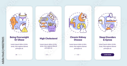 Hypertension causes onboarding mobile app page screen. High cholesterol walkthrough 4 steps graphic instructions with concepts. UI, UX, GUI vector template with linear color illustrations