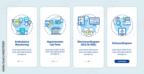 Hypertension tests onboarding mobile app page screen. Ambulatory monitoring walkthrough 4 steps graphic instructions with concepts. UI, UX, GUI vector template with linear color illustrations