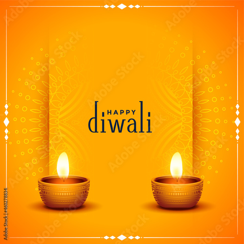 traditional happy diwali orange card with realistic diya