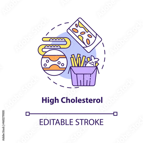 High cholesterol concept icon. Hypertension cause abstract idea thin line illustration. Eating fatty food. Plaque in arteries. Heart attack risk. Vector isolated outline color drawing. Editable stroke