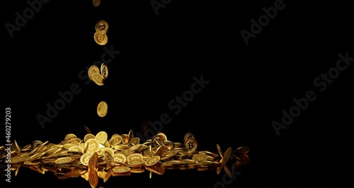 gold bit coins drop from sky on black background copy space .3D Rendering.