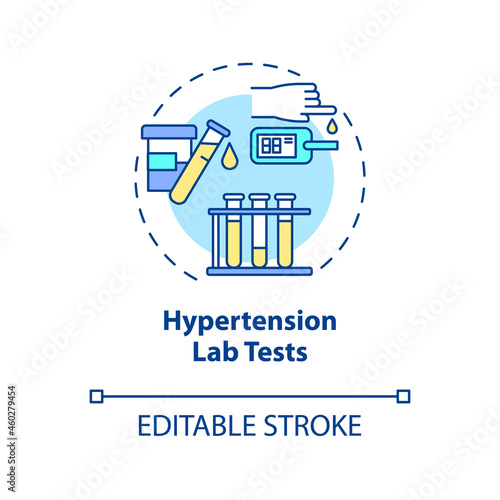 Hypertension lab tests concept icon. High blood pressure diagnosis abstract idea thin line illustration. Blood test and urinalysis. Vector isolated outline color drawing. Editable stroke