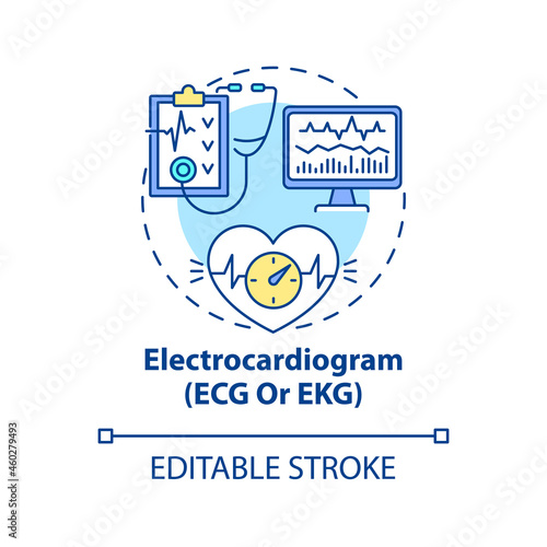 Electrocardiogram concept icon. Hypertension test abstract idea thin line illustration. ECG, EKG procedures. Recording heart electrical signals. Vector isolated outline color drawing. Editable stroke