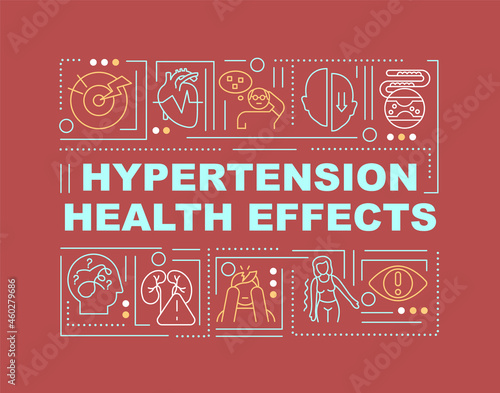 Hypertension health effects word concepts banner. Hypertensive crisis. Infographics with linear icons on red background. Isolated creative typography. Vector outline color illustration with text