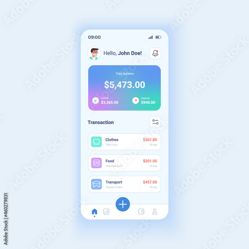 Credit card monitoring daytime mode smartphone interface vector template. Balance on deposit account. Mobile app page design layout. Financial service screen. Flat UI for application. Phone display