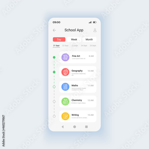Education courses menu daytime mode smartphone interface vector template. Remote studying. Mobile app page design layout. Lessons list screen. Flat UI for application. Phone display