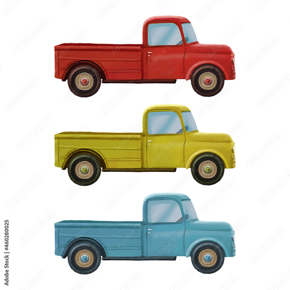 Retro car pickup, truck, watercolor illustration on white background, isolated image.