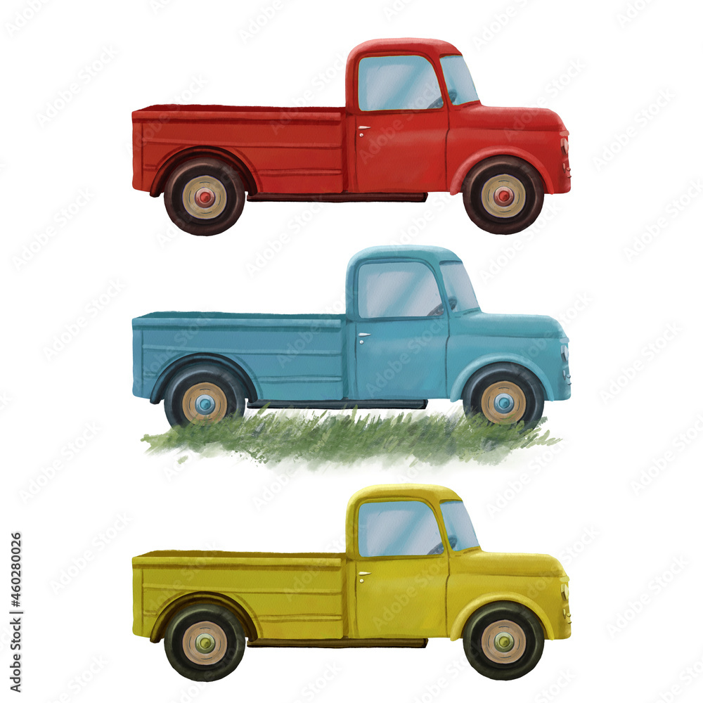 Retro car pickup, truck, watercolor illustration on white background, isolated image.