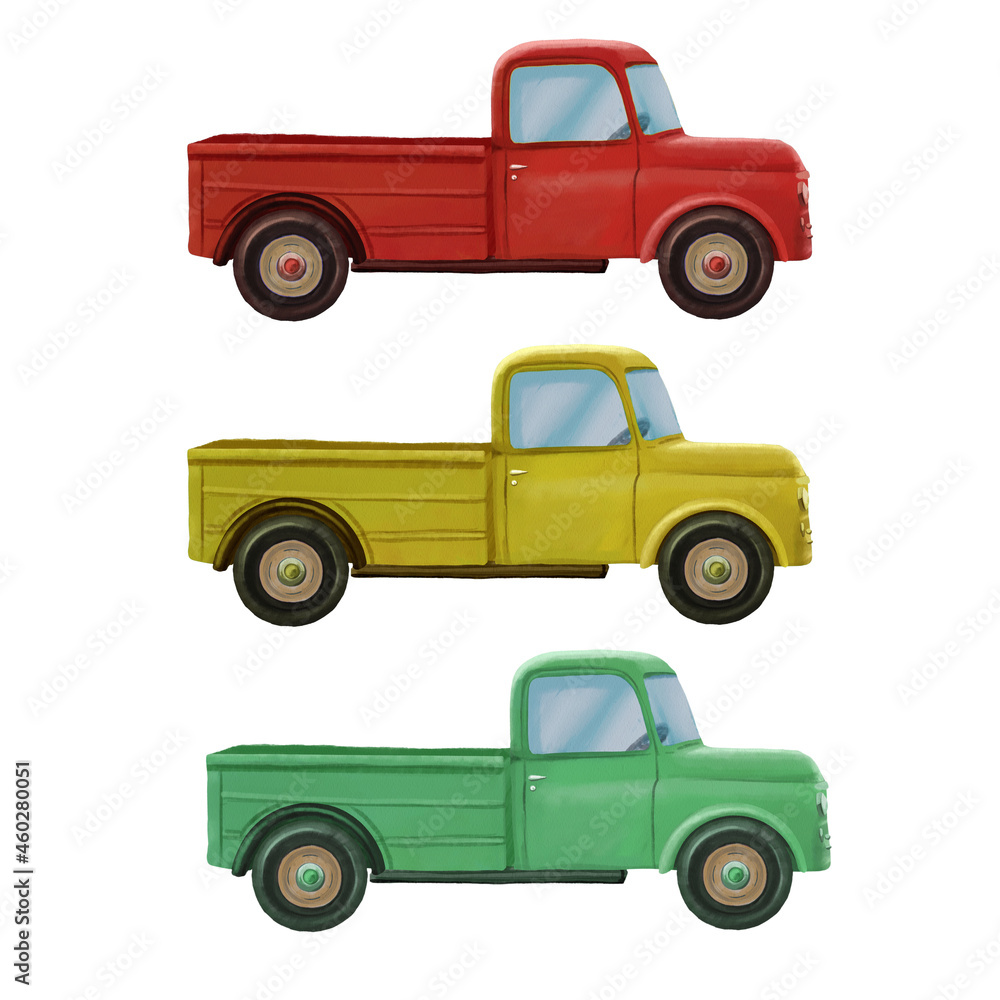 Fototapeta premium Retro car pickup, truck, watercolor illustration on white background, isolated image.
