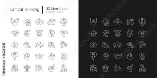 Critical thinking linear icons set for dark and light mode. Intellectual skills. Evaluation and observation. Customizable thin line symbols. Isolated vector outline illustrations. Editable stroke