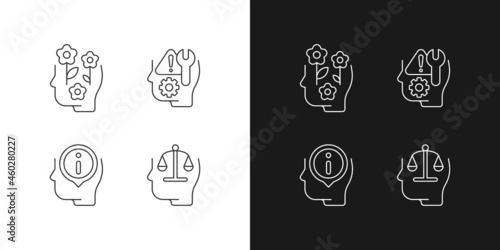 Rational and emotional mindset linear icons set for dark and light mode. Positive attitude. Rationality. Customizable thin line symbols. Isolated vector outline illustrations. Editable stroke