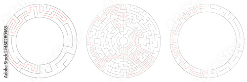 Circle, circular maze, labyrinth riddle game set. Problem solving, rebus, puzzle, brain teaser concept s