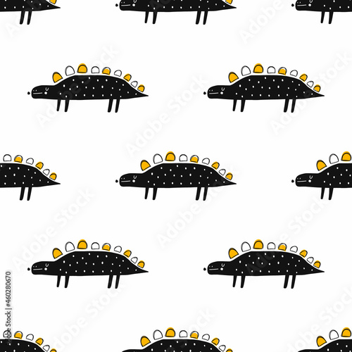 Vector hand-drawn seamless childish pattern with cute doodle dinosaurs on a white background. Kids texture for fabric, wrapping, textile, wallpaper, apparel. Dino. Scandinavian style illustration.