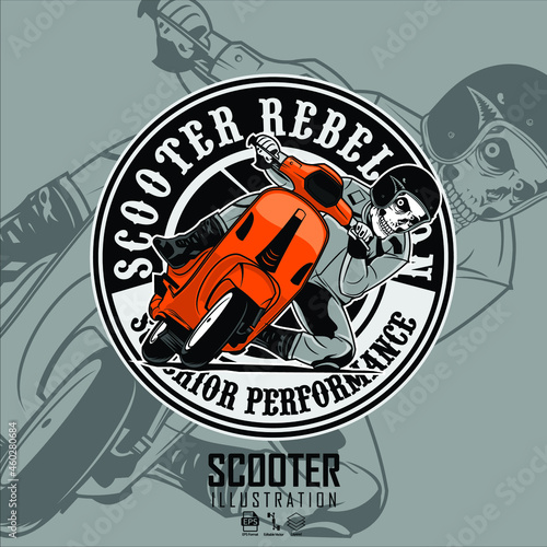 SKULL RIDING A SCOOTER ILLUSTRATION WITH A GRAY  BACKGROUND