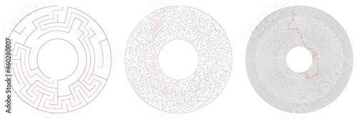 Circle, circular maze, labyrinth riddle game set. Problem solving, rebus, puzzle, brain teaser concept s