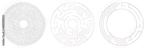 Circle, circular maze, labyrinth riddle game set. Problem solving, rebus, puzzle, brain teaser concept s