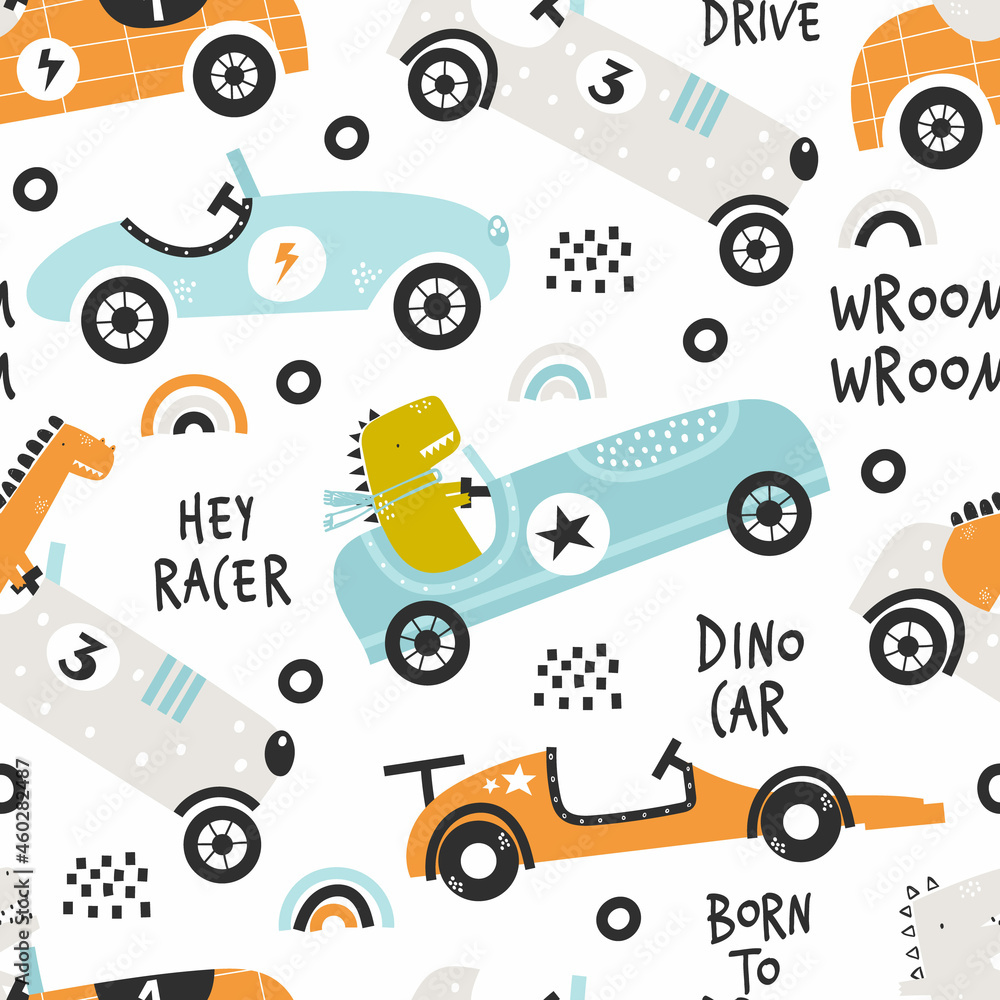 Vector hand-drawn seamless childish pattern with cute funny dinosaur rides in a racing car on a white background. Kids texture for fabric, wrapping, textile, wallpaper, apparel. Scandinavian design. Vector hand-drawn seamless childish pattern with cute funny dinosaur rides in a racing car on a white background. Kids texture for fabric, wrapping, textile, wallpaper, apparel. Scandinavian design.