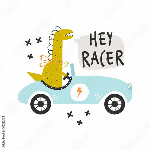 Vector hand-drawn illustration of a cute funny dinosaur rides in a retro racing car and text. Hey racer lettering. Greeting card, print, poster design for kids. Trendy scandinavian character.