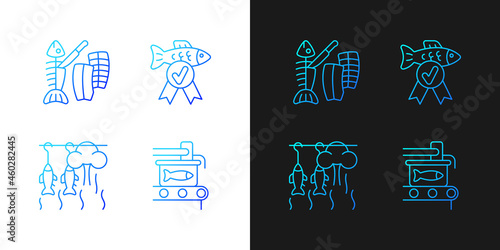 Fish products preparation gradient icons set for dark and light mode. Fish smoking and canning. Thin line contour symbols bundle. Isolated vector outline illustrations collection on black and white