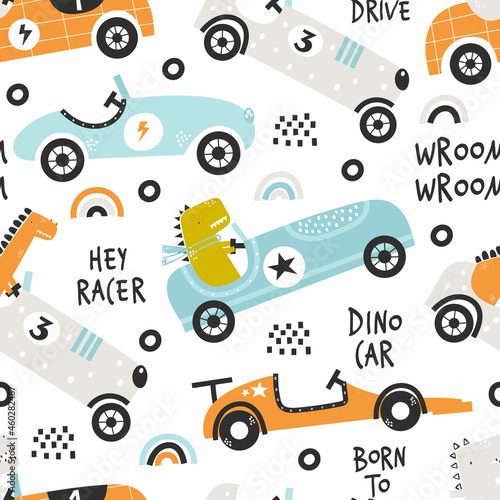Vector hand-drawn seamless childish pattern with cute funny dinosaur rides in a racing car on a white background. Kids texture for fabric  wrapping  textile  wallpaper  apparel. Scandinavian design.