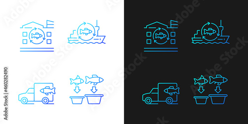 Fish processing and transportation gradient icons set for dark and light mode. Seafood processing. Thin line contour symbols bundle. Isolated vector outline illustrations collection on black and white