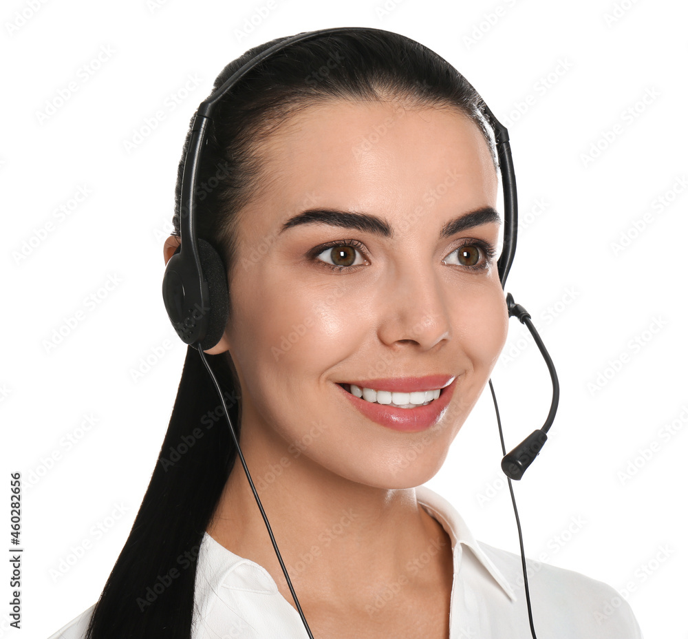 Beautiful young consulting manager with headset on white background Beautiful young consulting manager with headset on white background