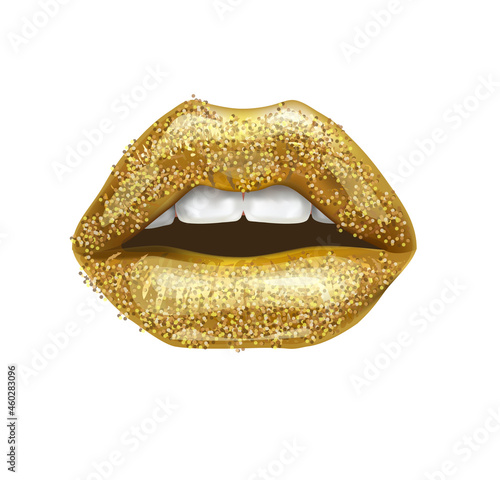 Lips with gold lipstick and glitter, realistic.