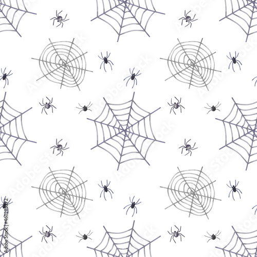 Halloween spiders and spiderwebs seamless pattern. Spooky Halloween background