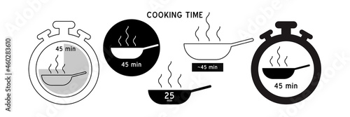 Meal Timer logo design. 5 minutes cook in boiling saucepan, fry pan,  microwave watt and oven cooker.