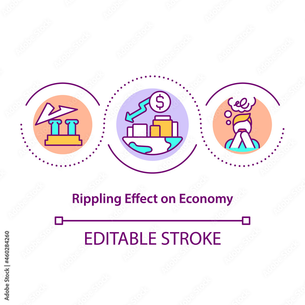Rippling effect on economy concept icon. Domino effect in economical processes. Business recession abstract idea thin line illustration. Vector isolated outline color drawing. Editable stroke Rippling effect on economy concept icon. Domino effect in economical processes. Business recession abstract idea thin line illustration. Vector isolated outline color drawing. Editable stroke