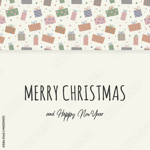 Concept of greeting card with Christmas gift boxes. Vector