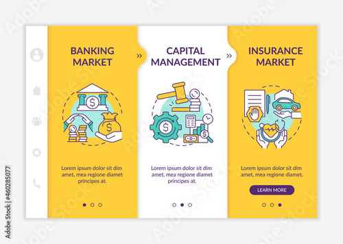 Financial legislation onboarding vector template. Responsive mobile website with icons. Web page walkthrough 3 step screens. Capital management color concept with linear illustrations