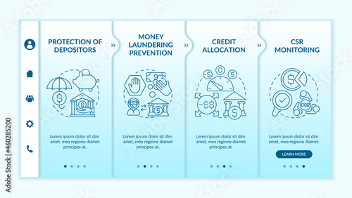 Bank regulation tasks onboarding vector template. Responsive mobile website with icons. Web page walkthrough 4 step screens. Shadow economy prevention color concept with linear illustrations