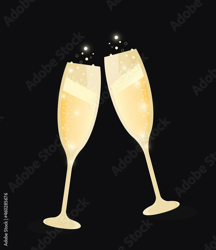 Elegant shapan black gold with light. Glasses of champagne. Holiday. Family celebration. Sparkling drink. Happy new year 2022.