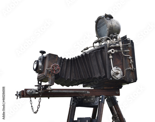 vintage film camera large format with bellows isolated on white background photo