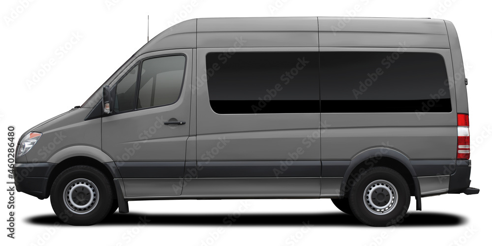 Side view of a modern passenger short-base American minibus in gray. Isolated on a white background.