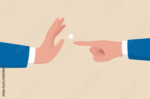 Management skill to stop or compromise disagreement conflict, business war, fight, dispute, argument or negotiation concept, businessman hand one pointing at other and another one with stop gesture.