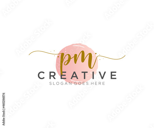 initial PM Feminine logo beauty monogram and elegant logo design, handwriting logo of initial signature, wedding, fashion, floral and botanical with creative template.